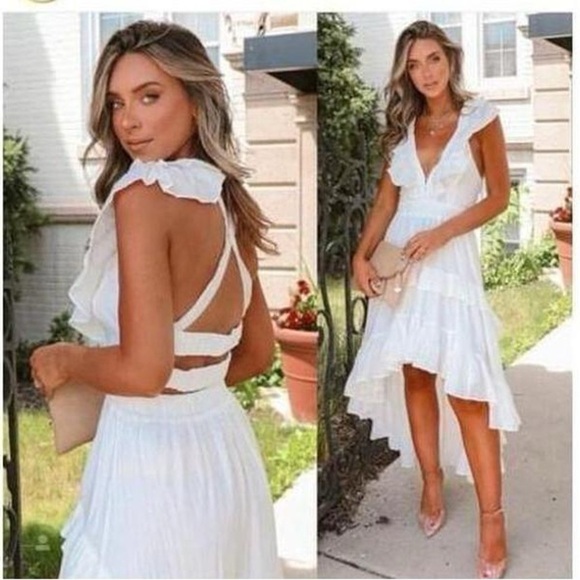 NWT DO+BE Women's White Ruffled Boho V Neck High Low Dress Size Small - Picture 1 of 15